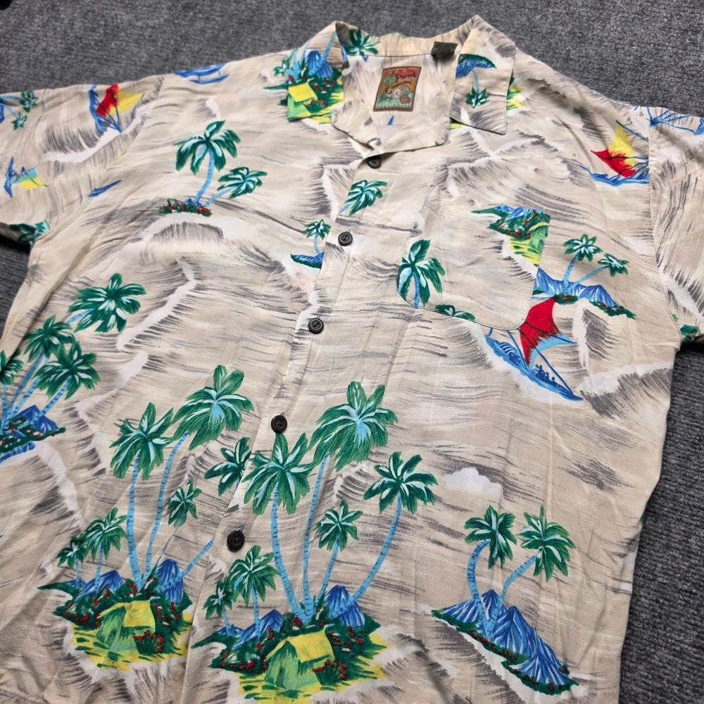 Vintage Pineapple Connection Hawaiian Shirt Mens Large Tan Sailboat Rayon